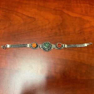 Boho Silver Tone Gemstone Bracelet Green Orange Cabochon Stone Adjustable Y2K